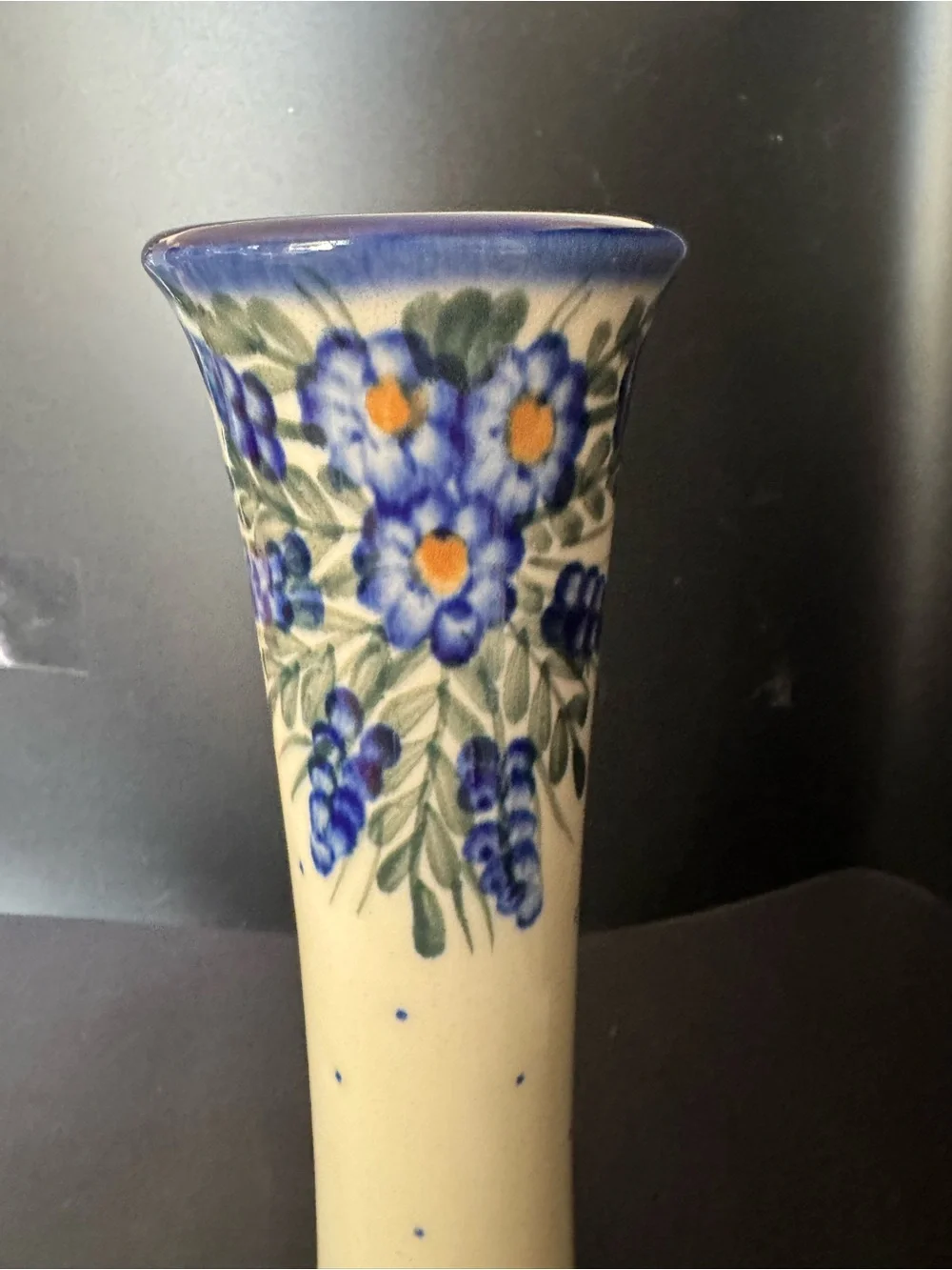 Vintage WR Unikat Polish Pottery Vase Tall Blue Floral Crazing